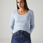 Women's Solid Light Blue Slim Fit Ribbed Top - Styleshot View