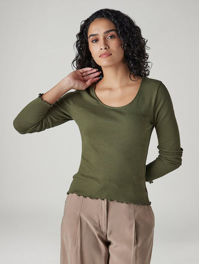 levi's Women's Solid Olive Scoop Neck Ribbed Top-picture-20