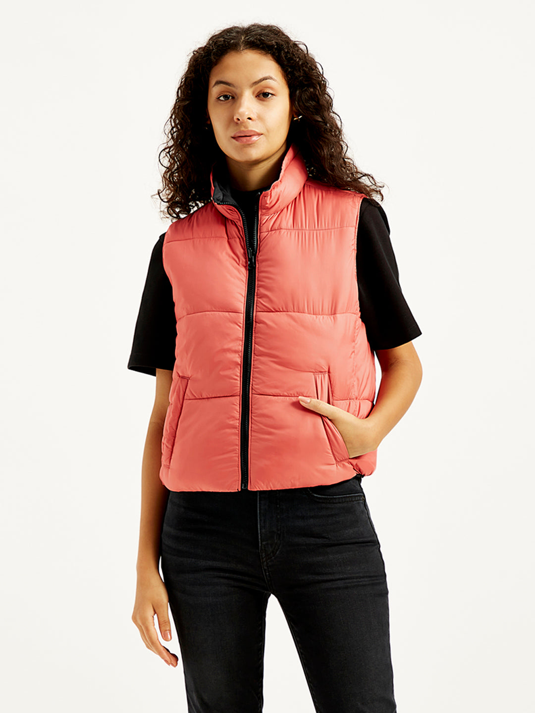 Women's Quilted Peach High Neck Puffer Jacket - Front View