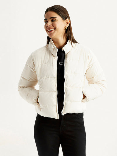 Women's Quilted Off White Puffer Jacket-image-5