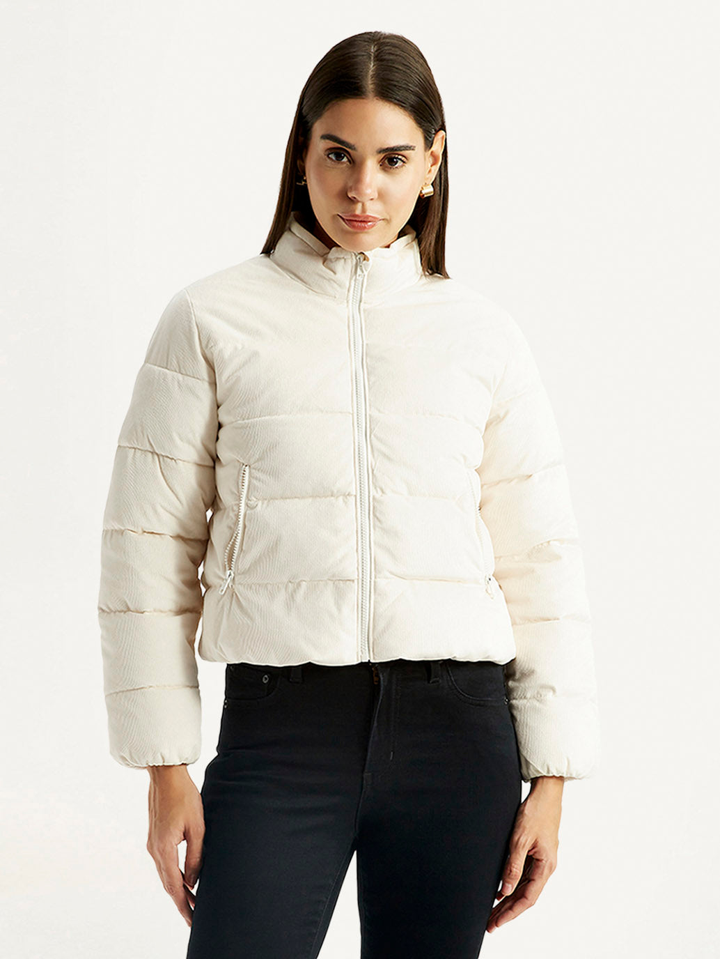 Women's Quilted Off White Puffer Jacket - Front View