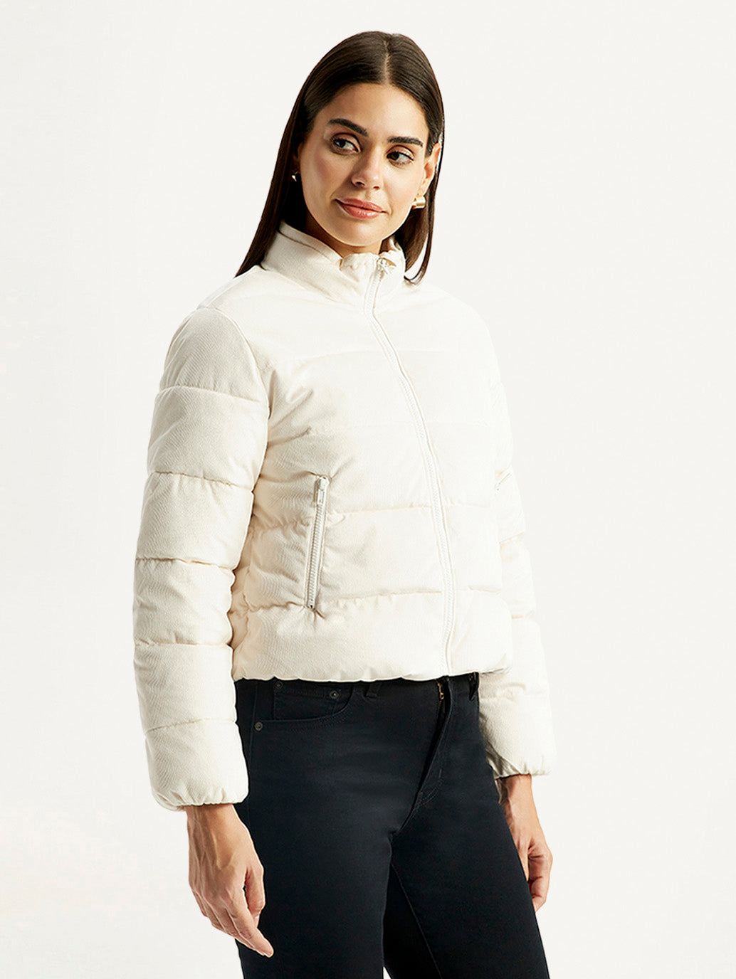 Women's Quilted Off White Puffer Jacket - Side View