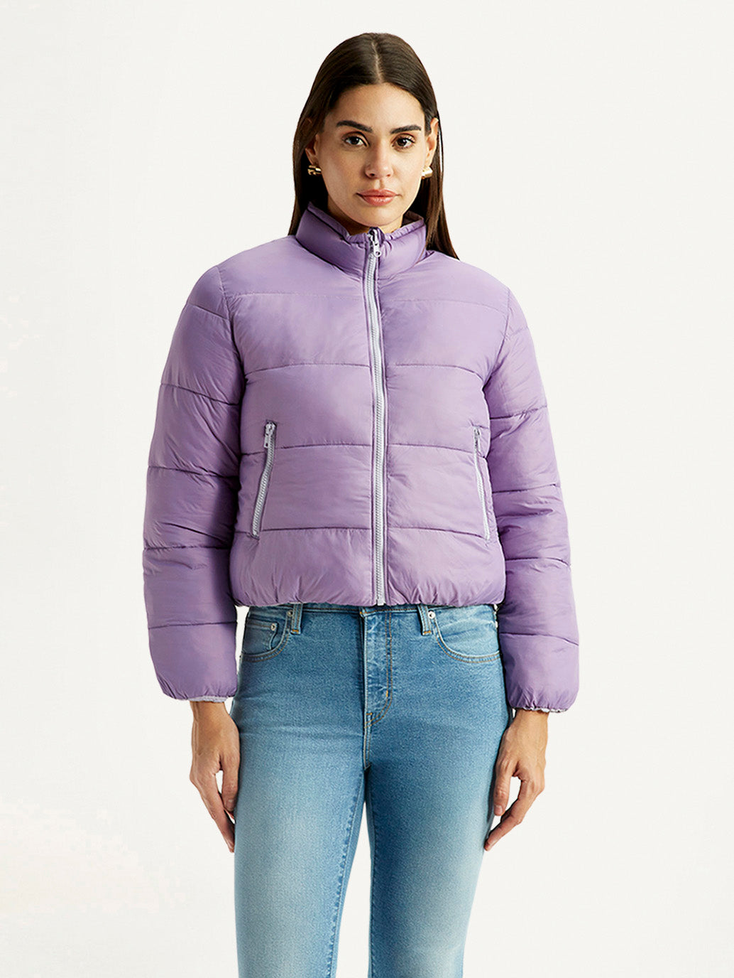 Women's Quilted Purple Puffer Jacket - Front View