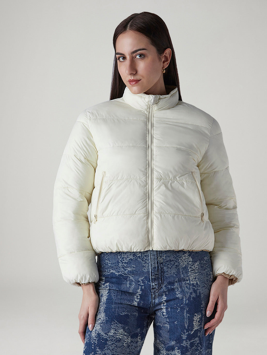 Women's Quilted Relaxed Fit Reversible Puffer Jacket - Front View