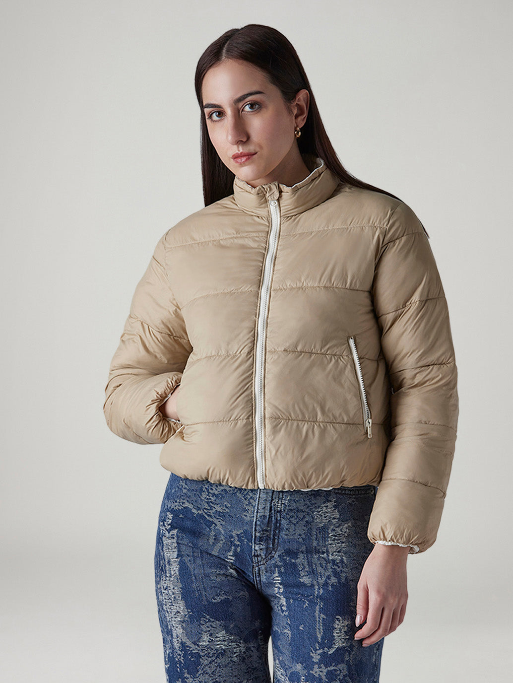 Women's Quilted Relaxed Fit Reversible Puffer Jacket - Front View