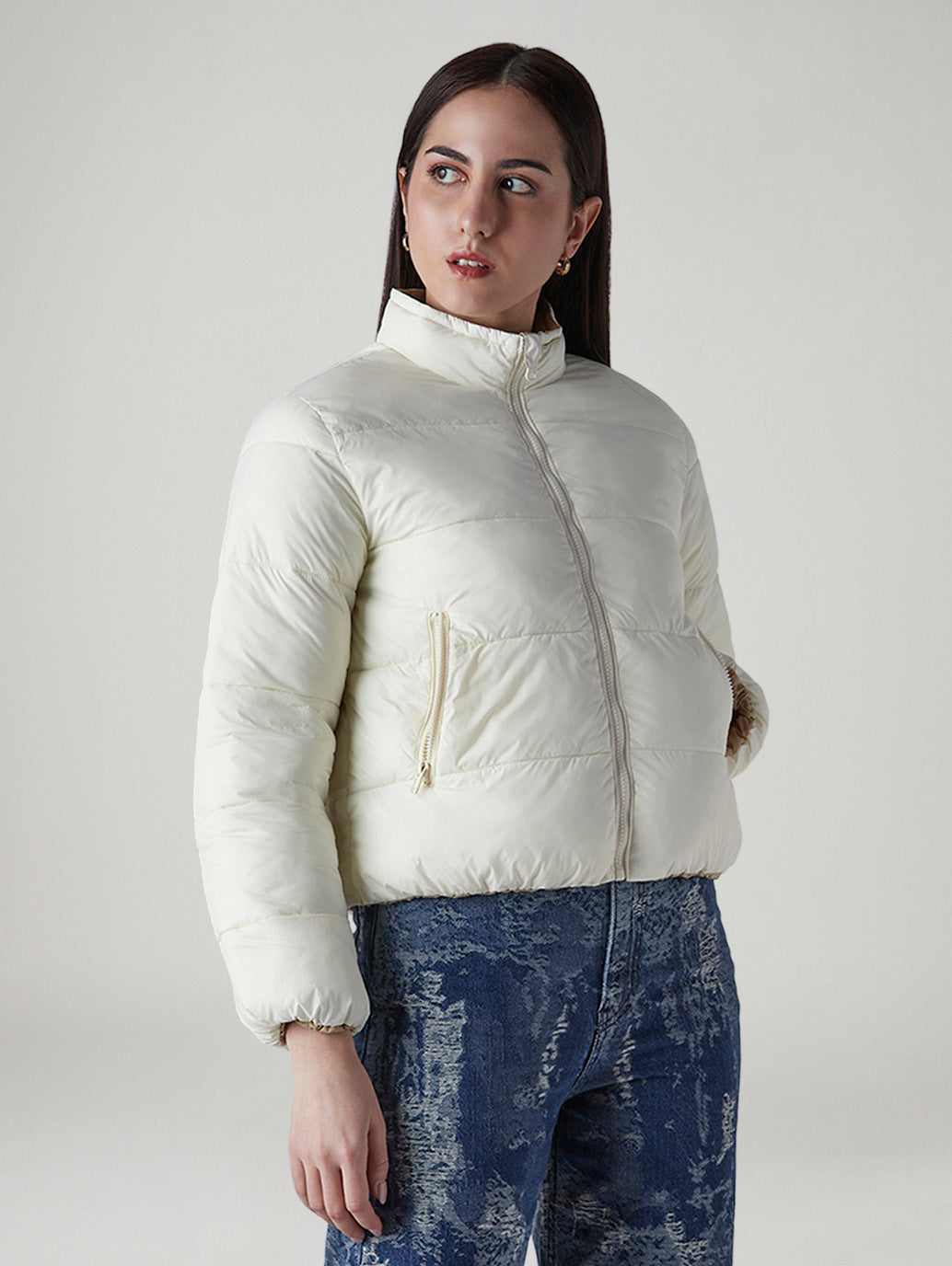 Women's Quilted Relaxed Fit Reversible Puffer Jacket - Side View