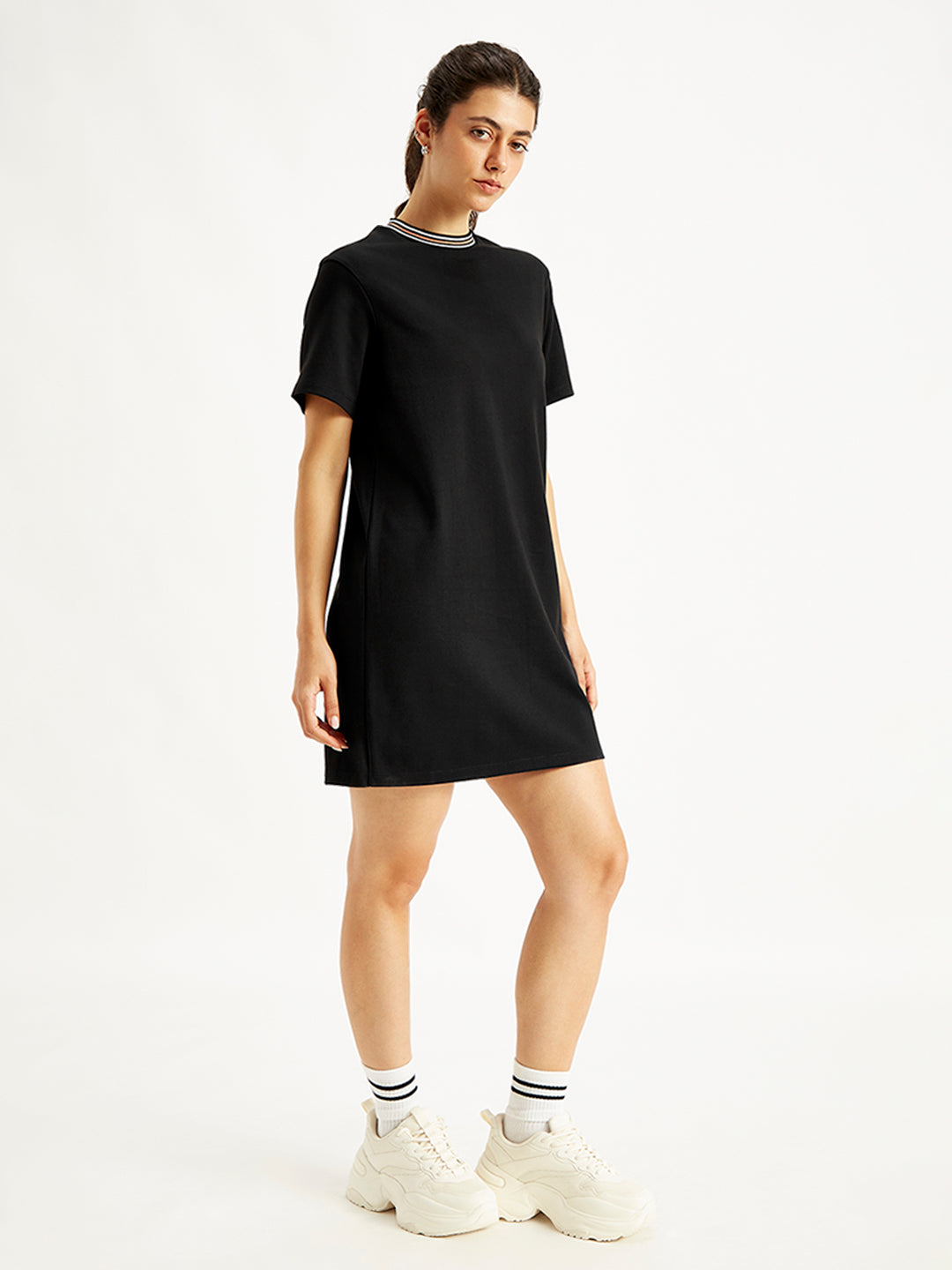 Women's Solid Black Crew Neck Dress - Side View