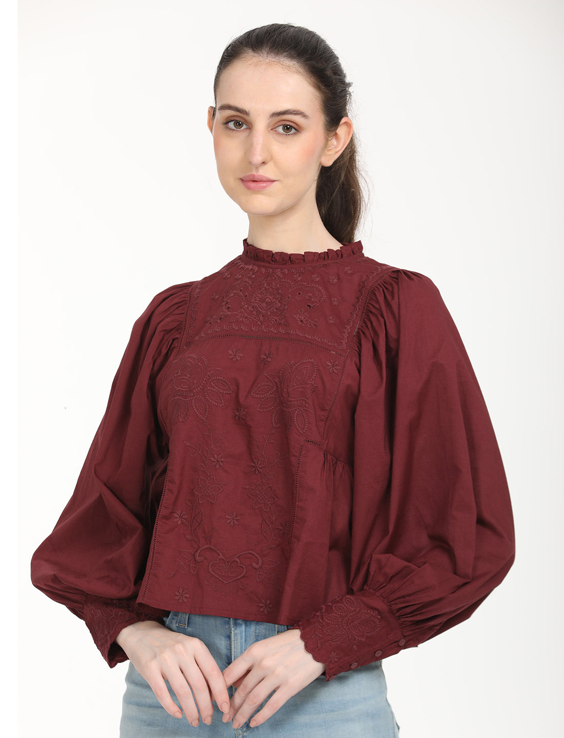 Women's Self Design Maroon High Neck Top