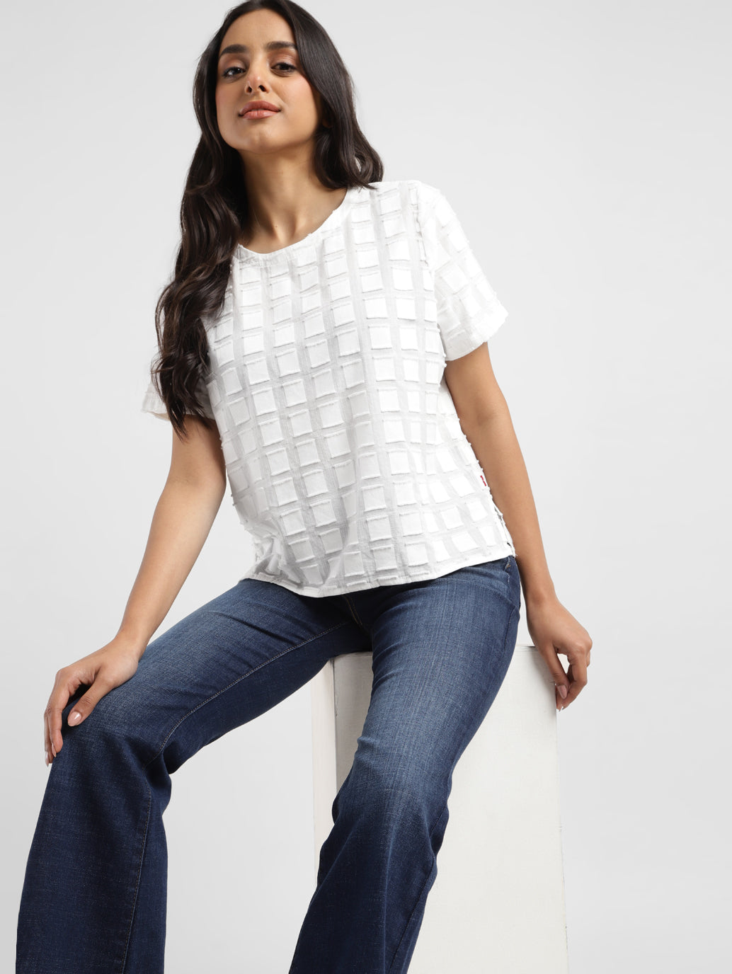 Women's Checked White Round Neck Top