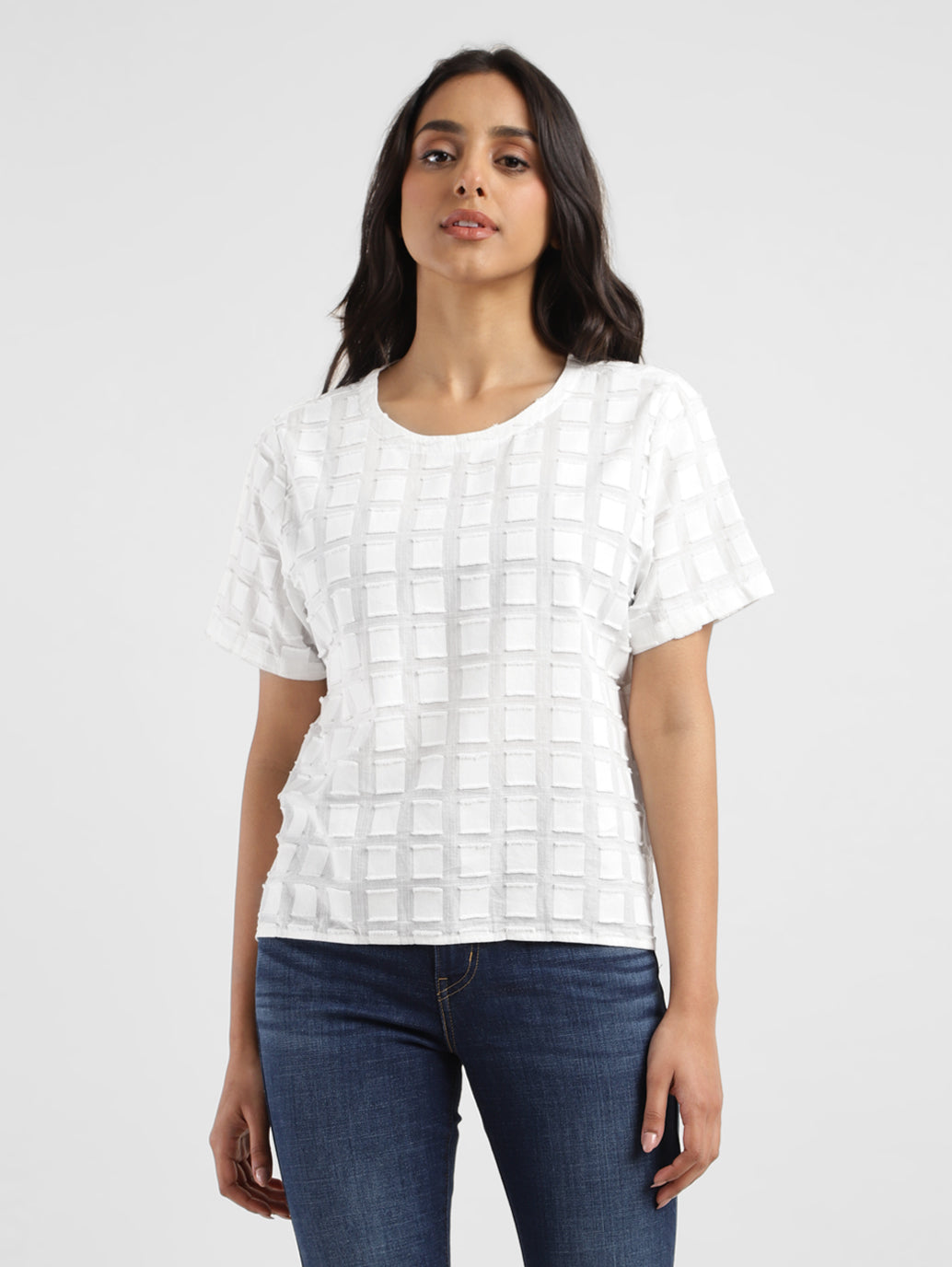 Women's Checked White Round Neck Top