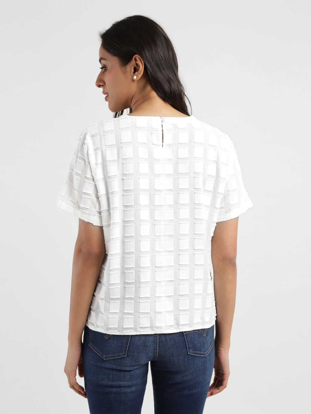 Women's Checked White Round Neck Top