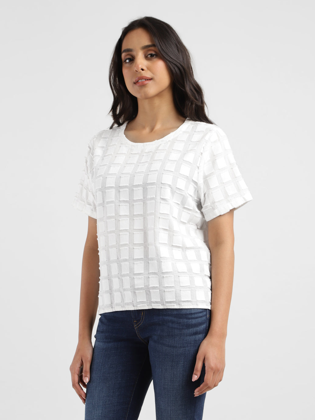 Women's Checked White Round Neck Top