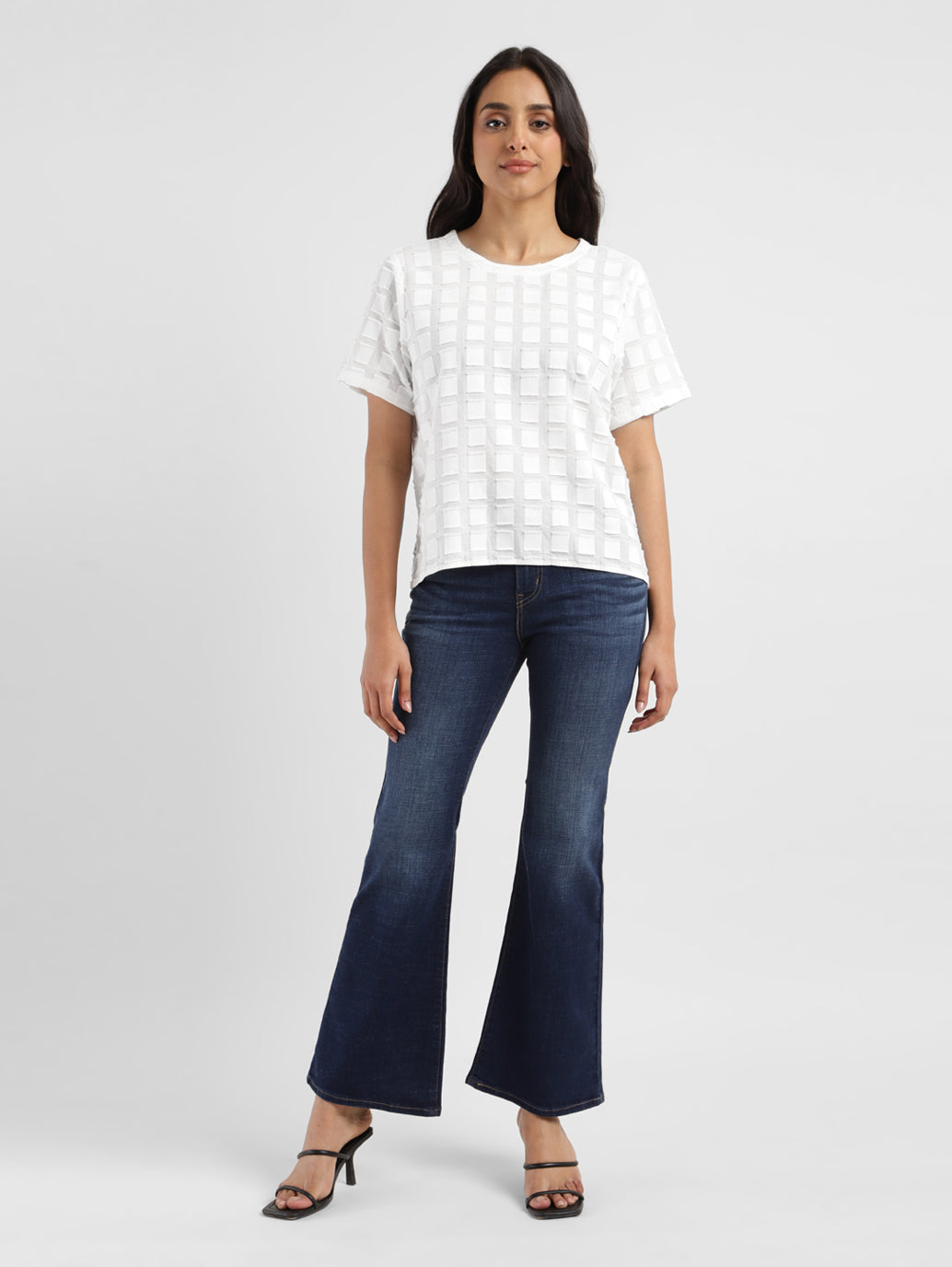 Women's Checked White Round Neck Top