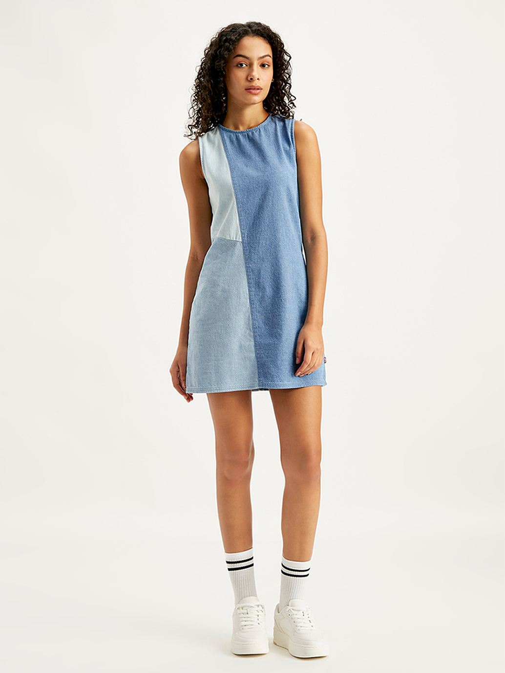 Women's Colorblock Blue Round Neck Mini Dress