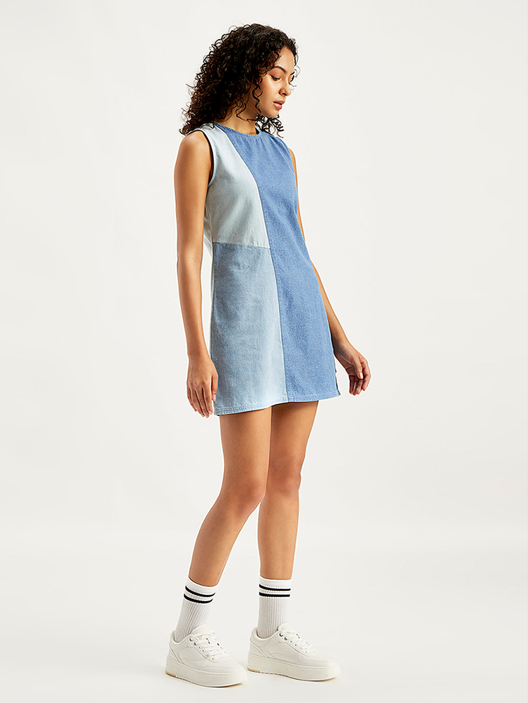 Women's Colorblock Blue Round Neck Mini Dress