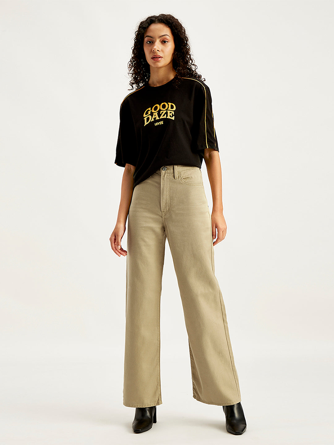 Women's Khaki Ribcage Bell Bottom Wide Leg Fit High Rise Jeans