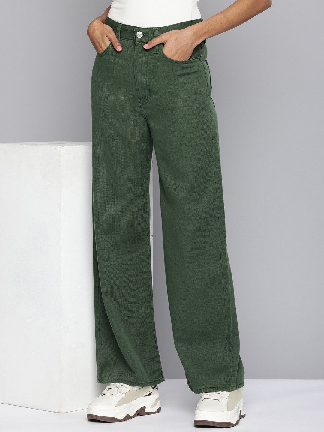 Women's Green Ribcage Bell Bottom Wide Leg Fit High Rise Jeans