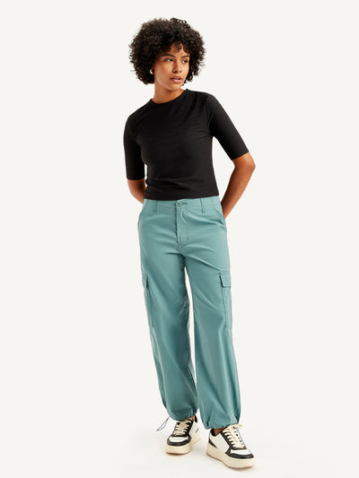 Women's Mid Rise Green Baggy Fit Cargo Trousers
