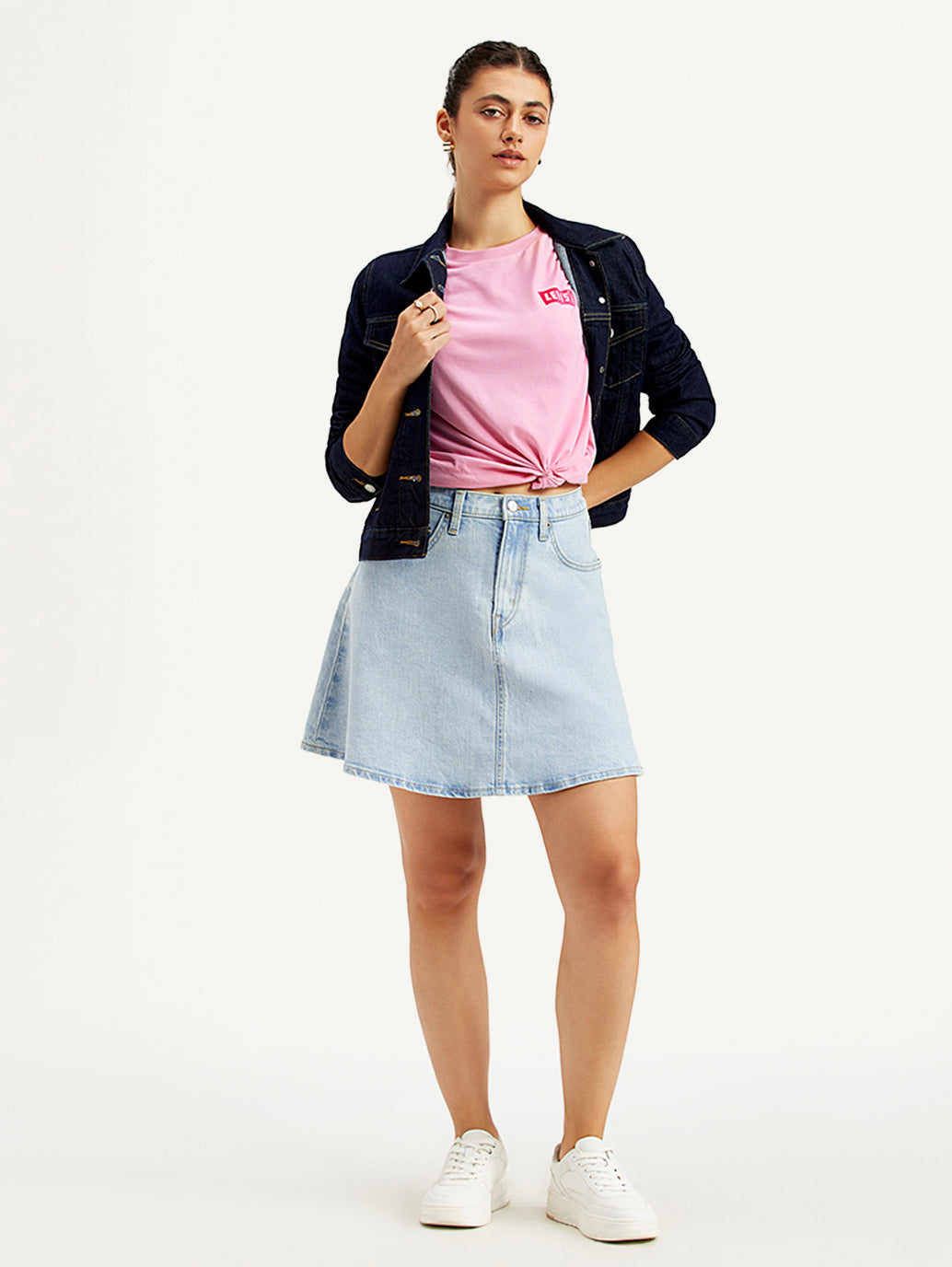 Women's Mid Rise Light Blue Line Denim Skirt