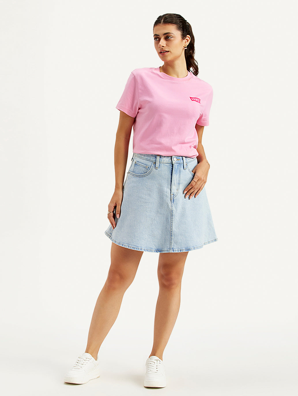 Women's Mid Rise Light Blue Line Denim Skirt - Front View
