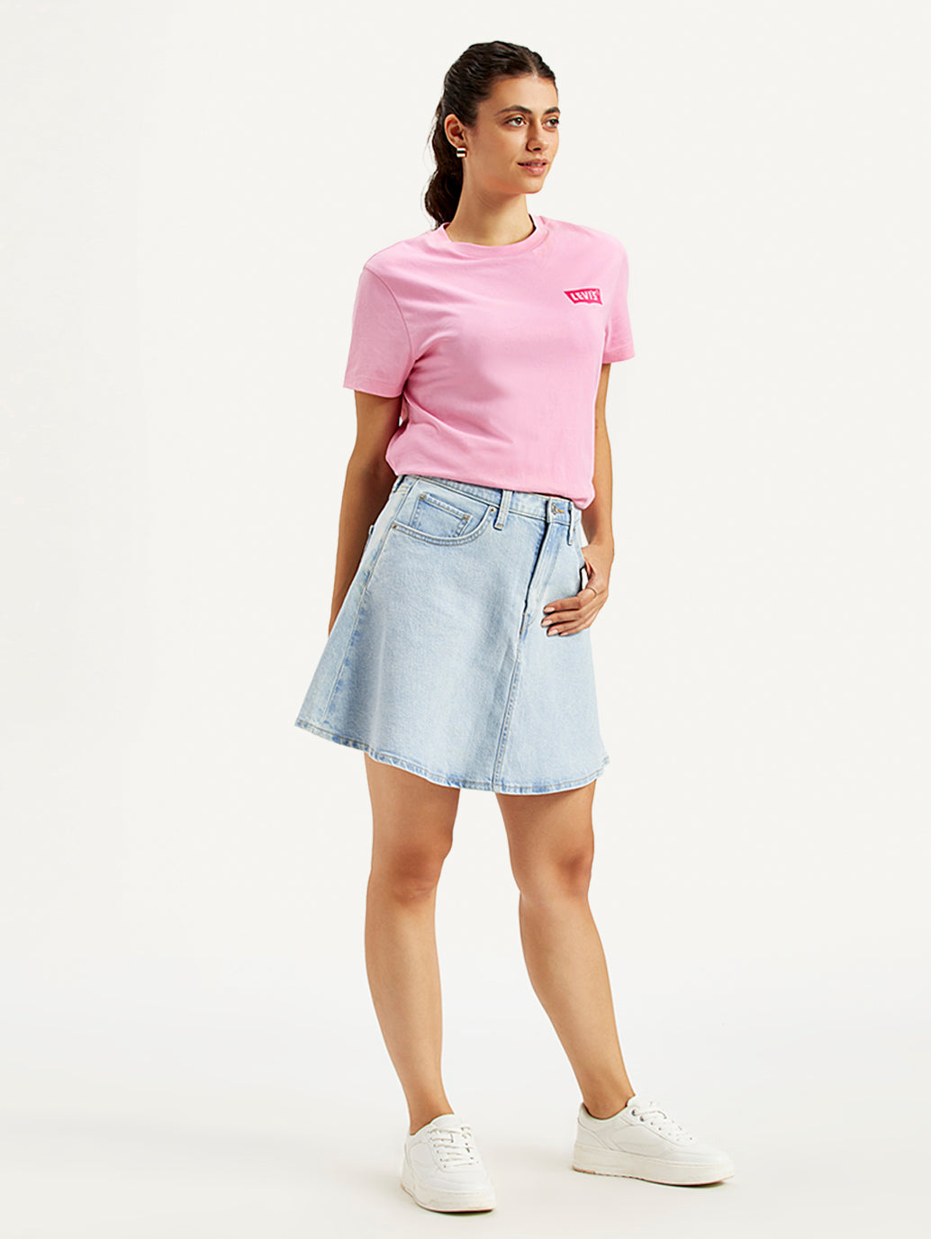 Women's Mid Rise Light Blue Line Denim Skirt - Side View