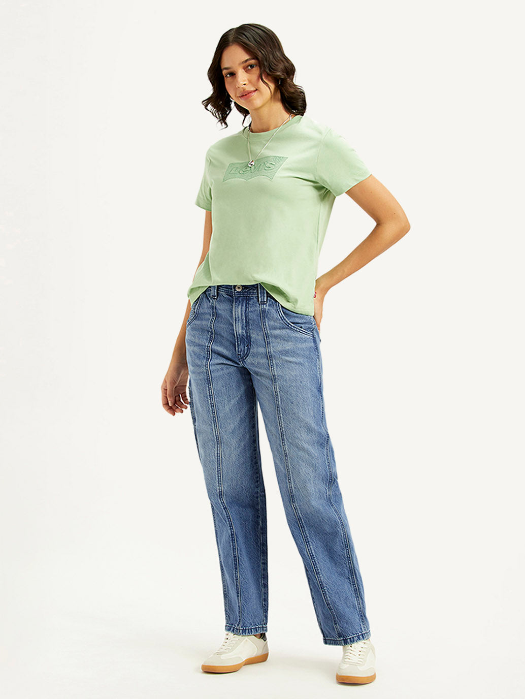 Women's Blue Baggy Fit Mid Rise Carpenter Jeans - styleshot View