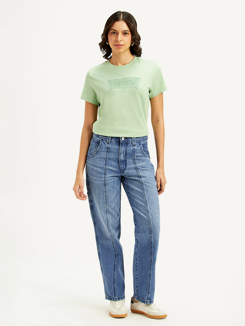 Women's Blue Baggy Fit Mid Rise Carpenter Jeans - Front View