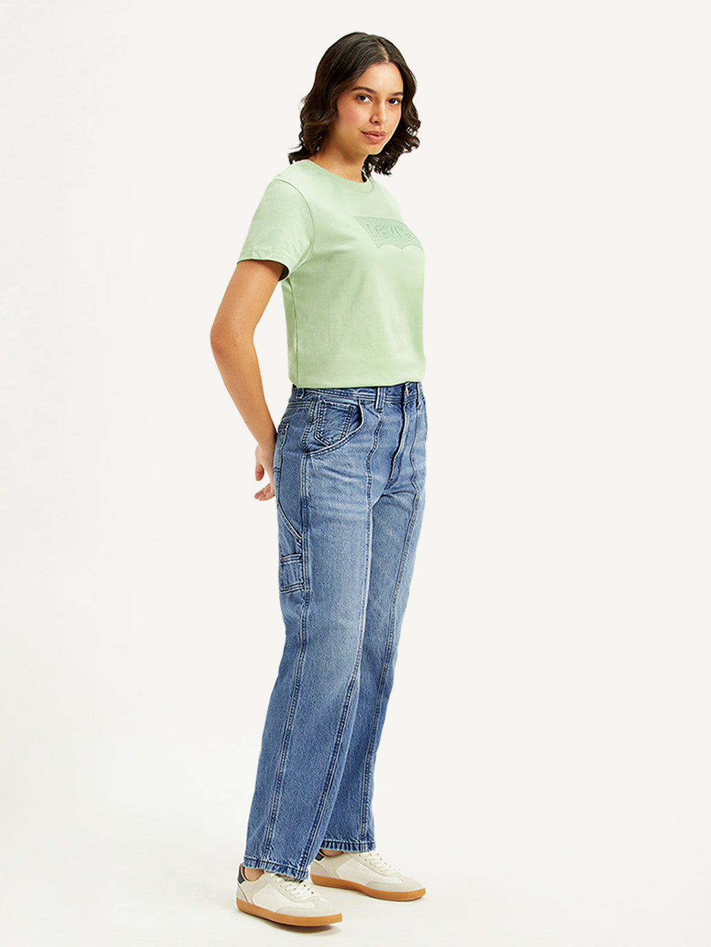 Women's Blue Baggy Fit Mid Rise Carpenter Jeans - Side View