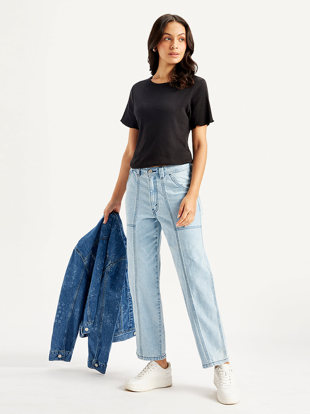 Women's Blue Baggy Fit High Rise Carpenter Jeans