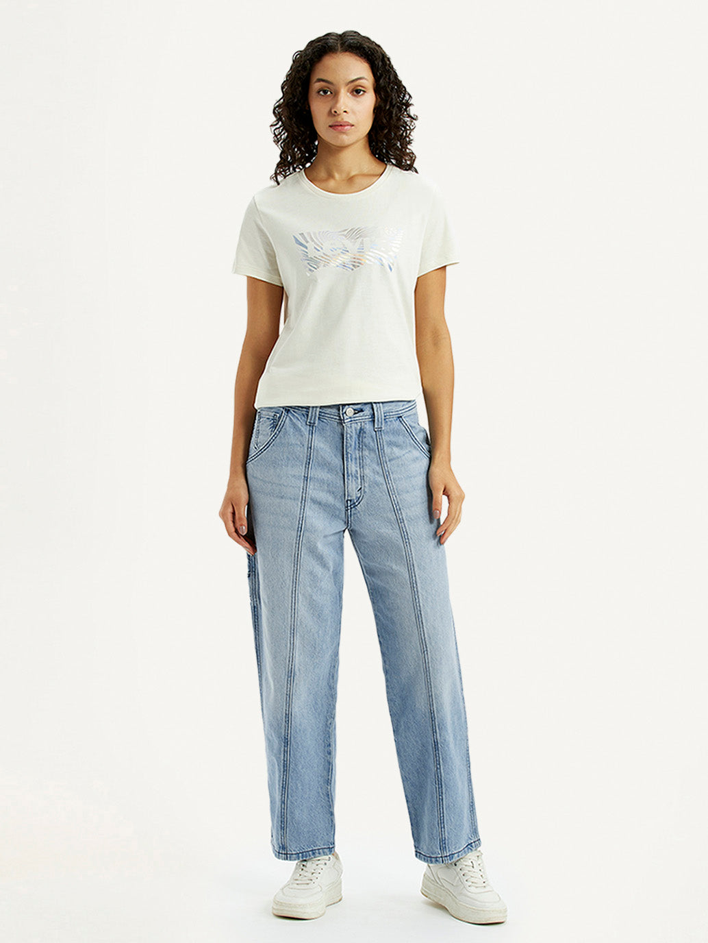 Women's Light Blue Baggy Loose Fit Carpenter Mid Rise Jeans - Front View