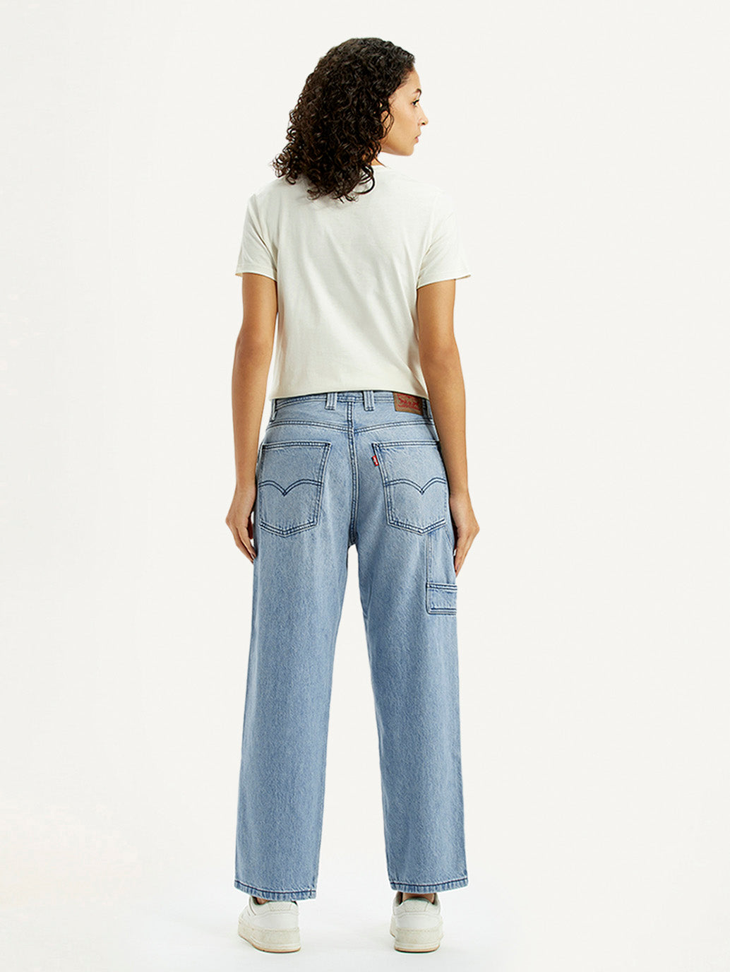 Women's Light Blue Baggy Loose Fit Carpenter Mid Rise Jeans - Back View