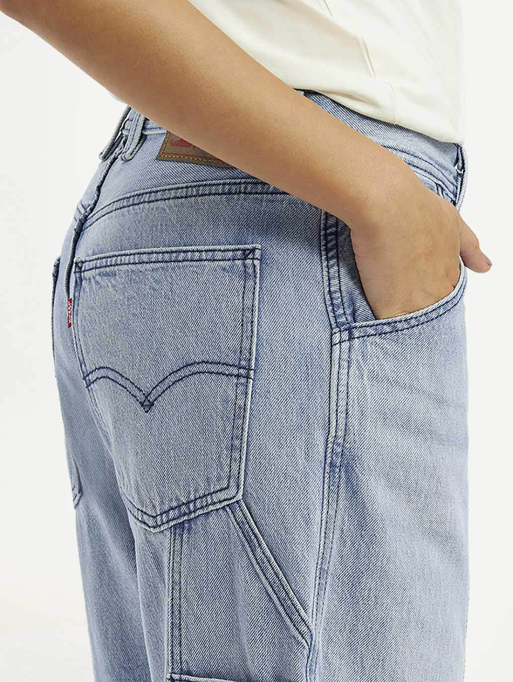 Women's Light Blue Baggy Loose Fit Carpenter Mid Rise Jeans - Detail View