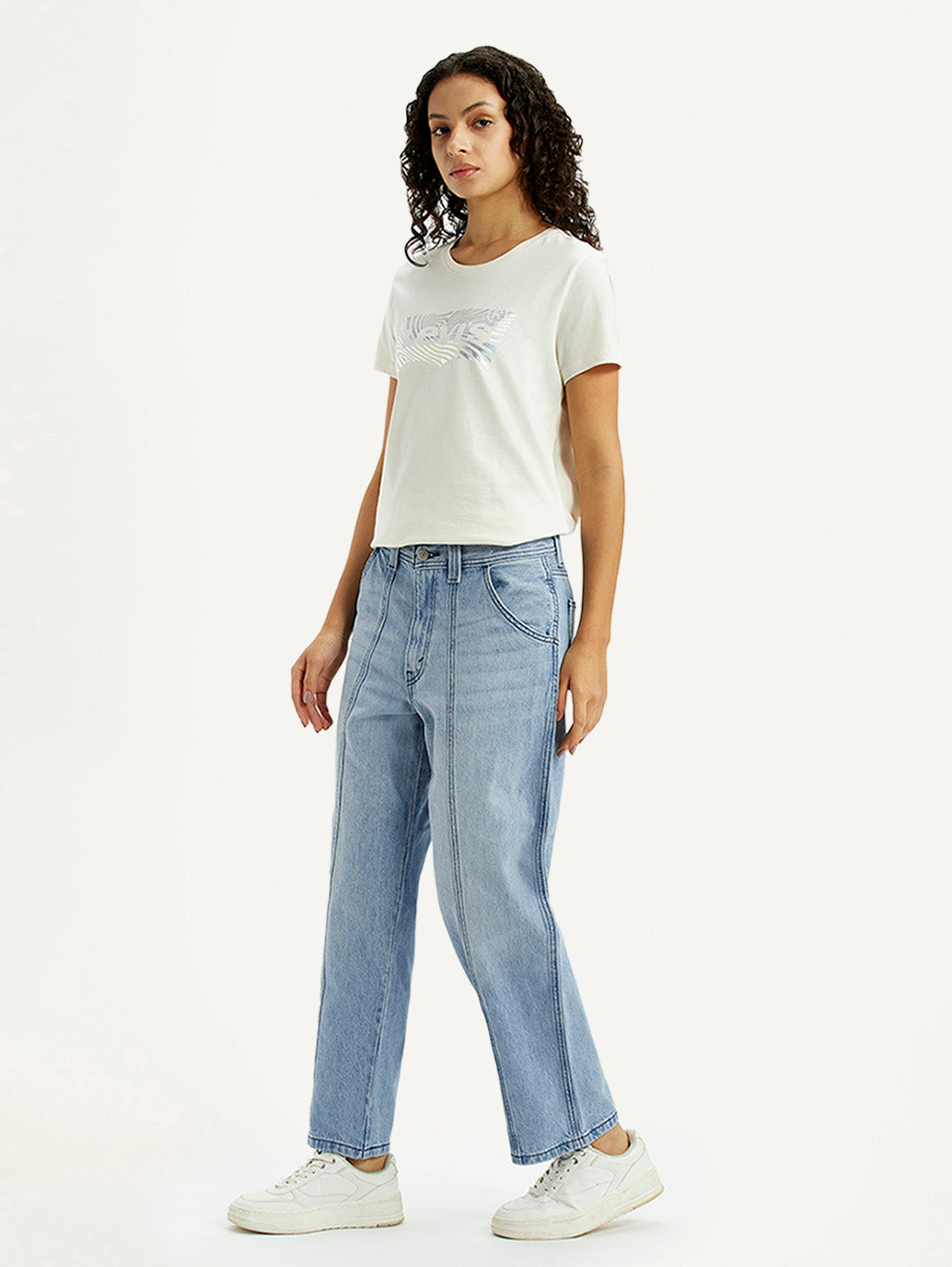 Women's Light Blue Baggy Loose Fit Carpenter Mid Rise Jeans - Side View