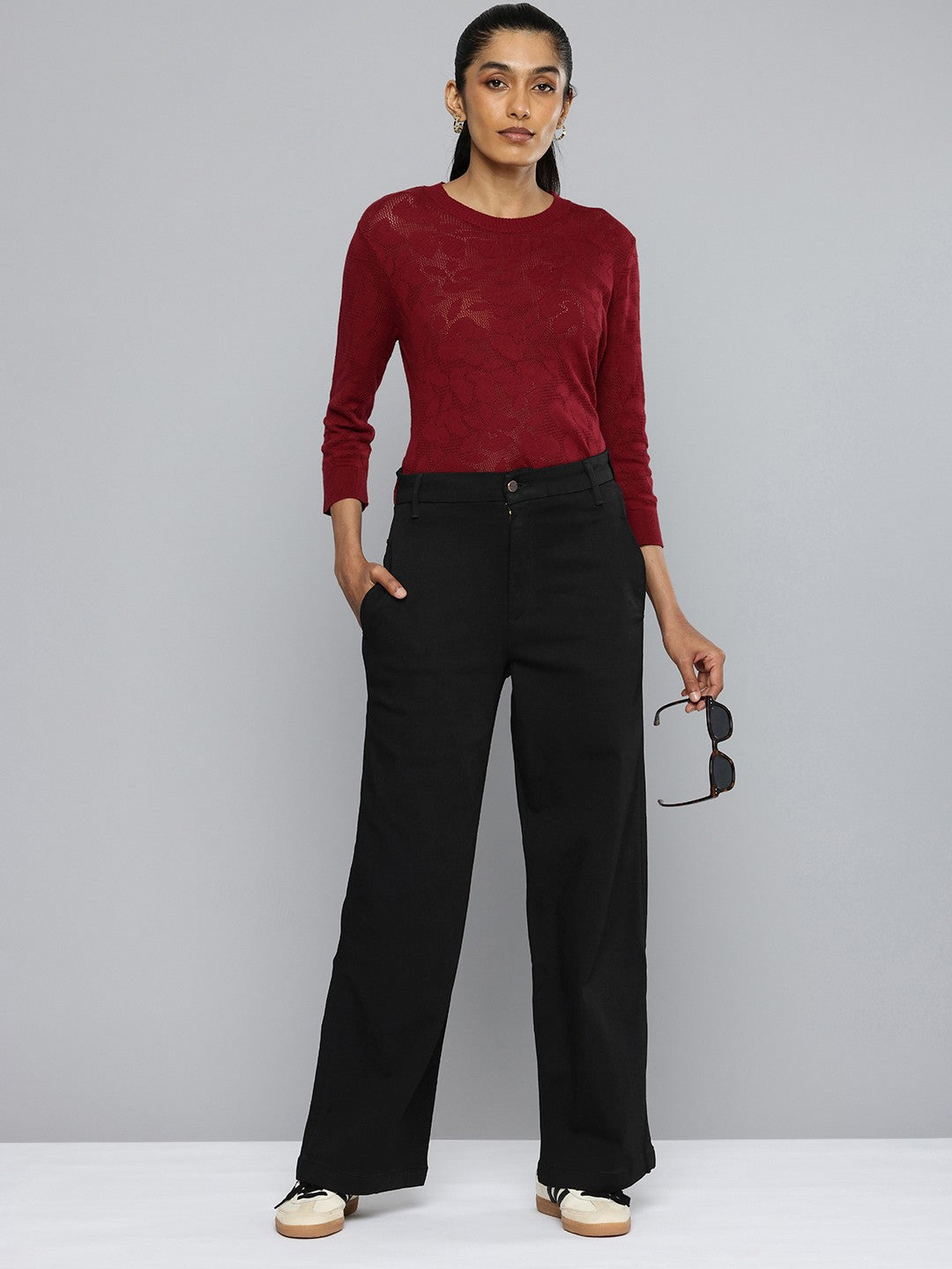 Women's Redloop Black Ribcage Bell Bottom Wide Leg Fit High Rise Jeans