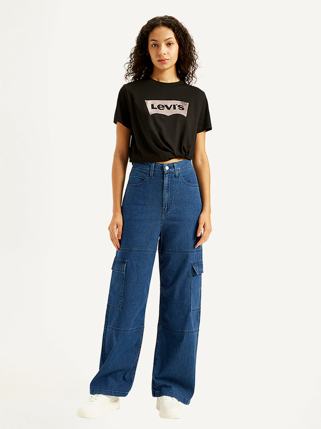 Women's High Rise Baggy Fit Blue Cargo Jeans