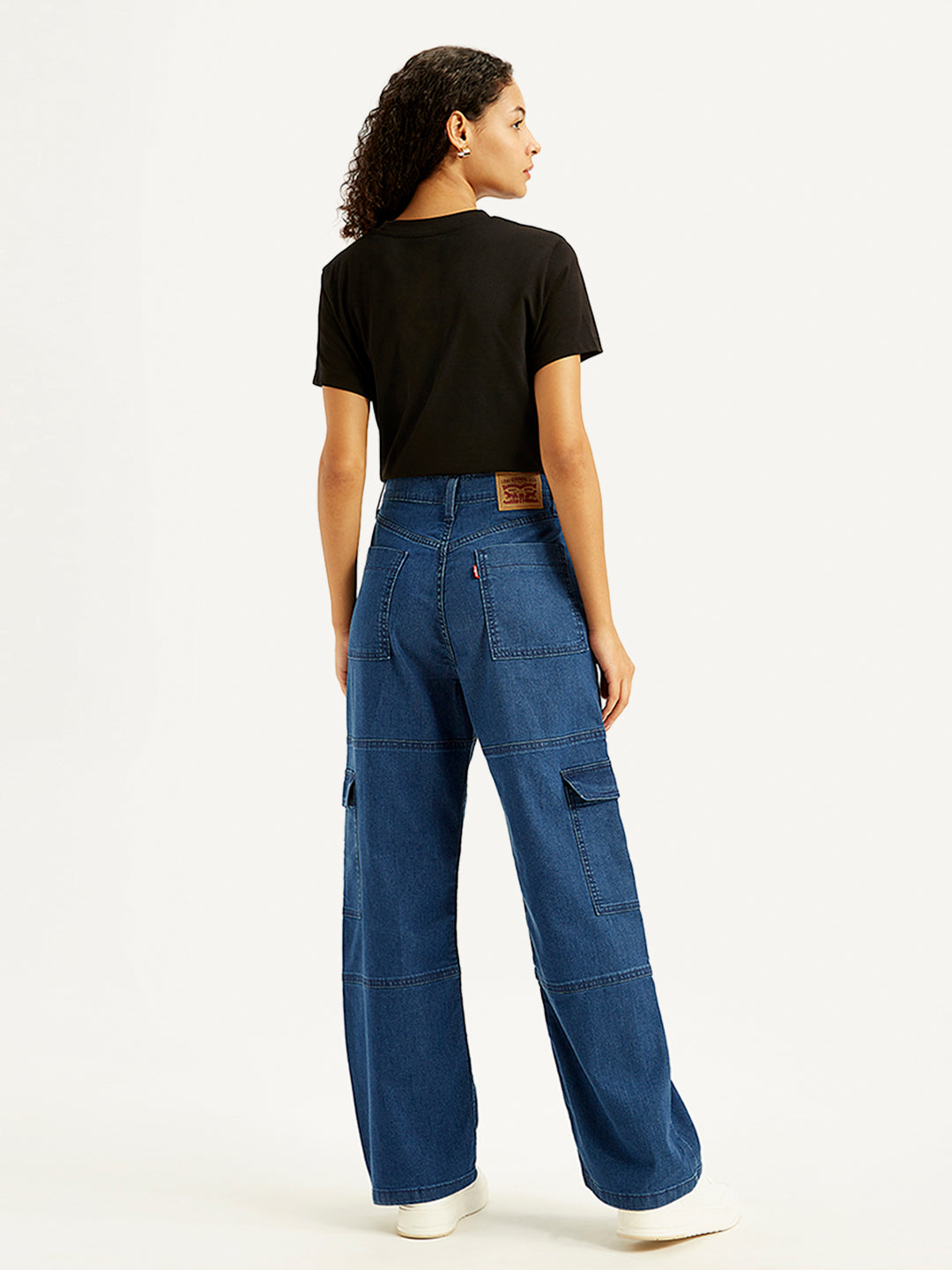 Women's High Rise Baggy Fit Blue Cargo Jeans