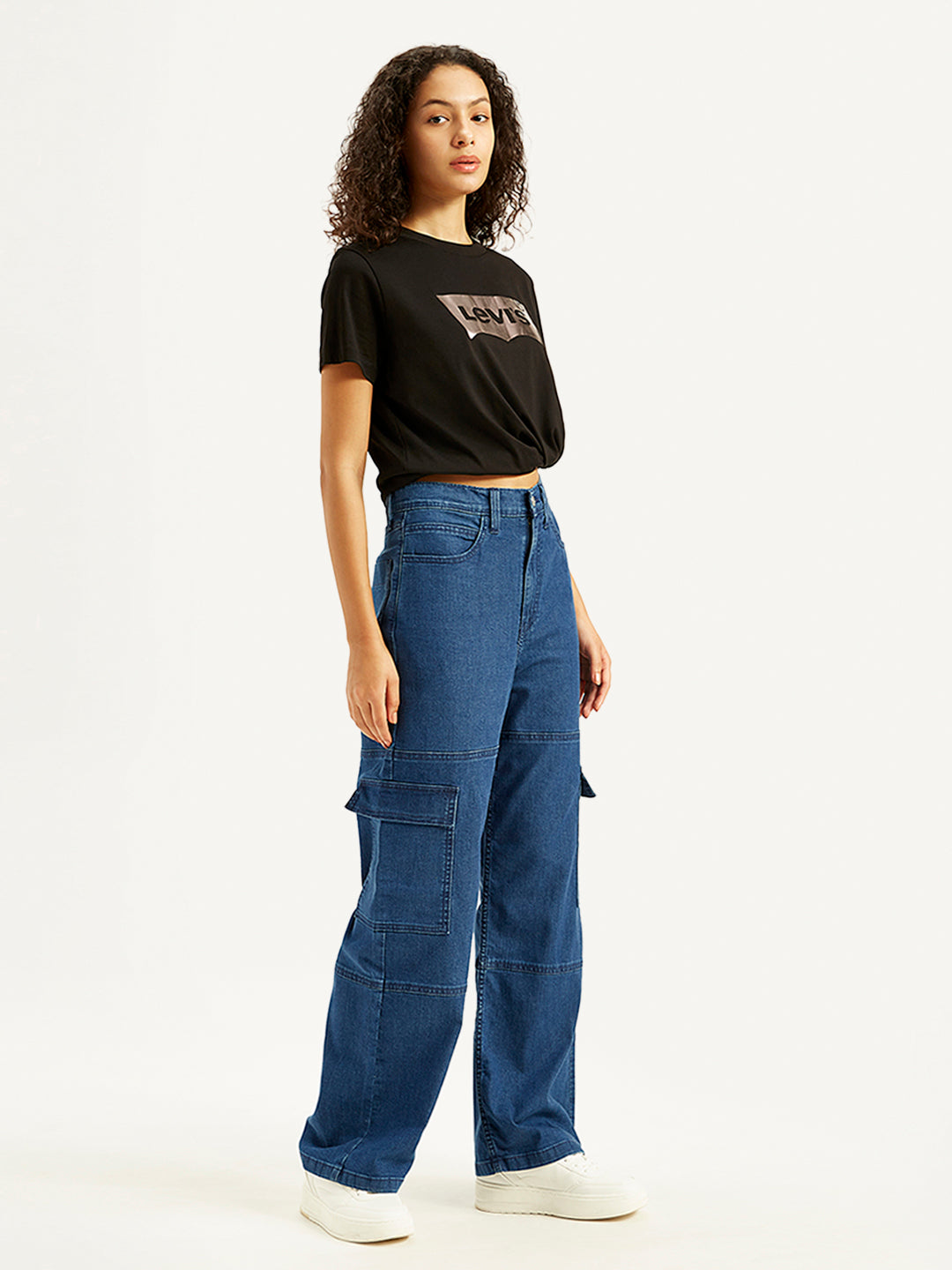 Women's High Rise Baggy Fit Blue Cargo Jeans