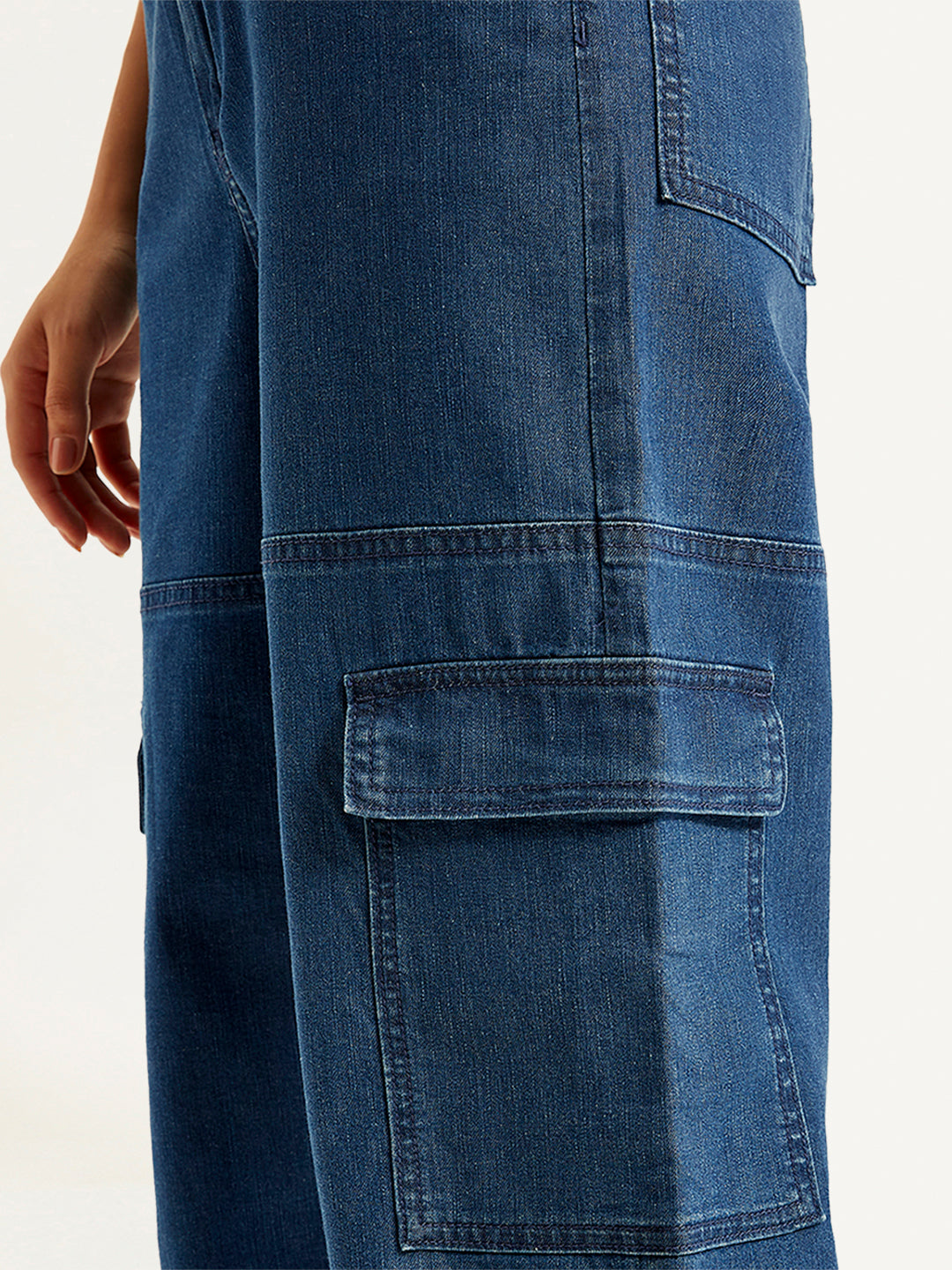 Women's High Rise Baggy Fit Blue Cargo Jeans