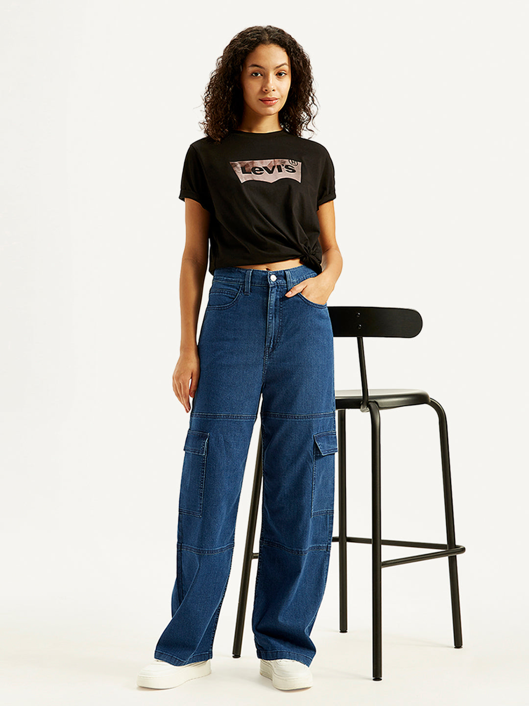 Women's High Rise Baggy Fit Blue Cargo Jeans