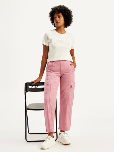 Women's Mid Rise Pink Tapered Cargo Trousers