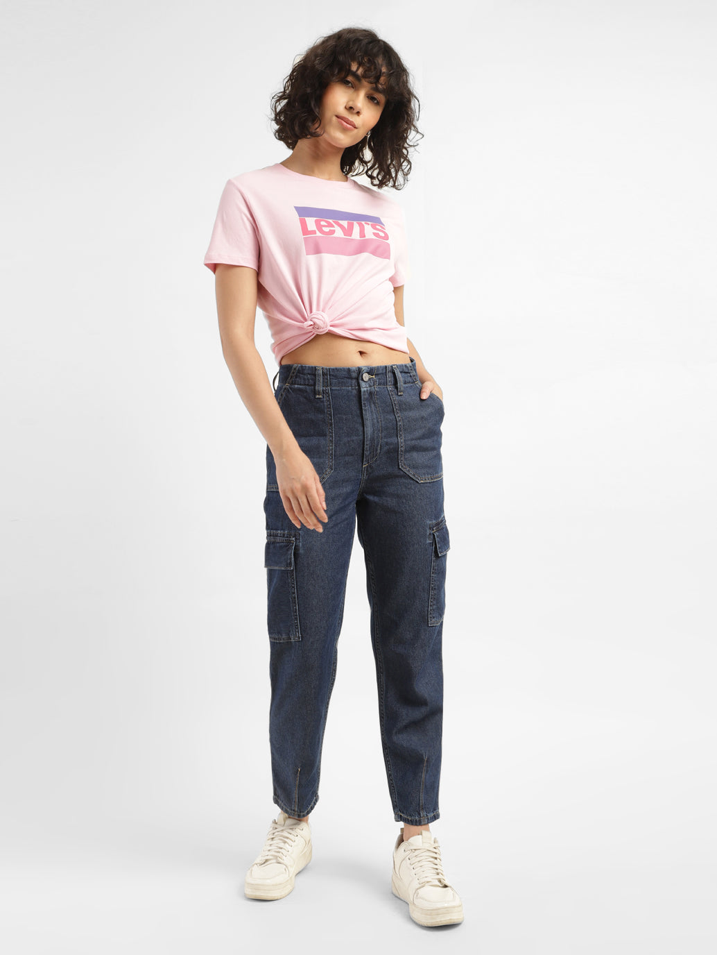 Women's Mid Rise Navy Cargo Jeans