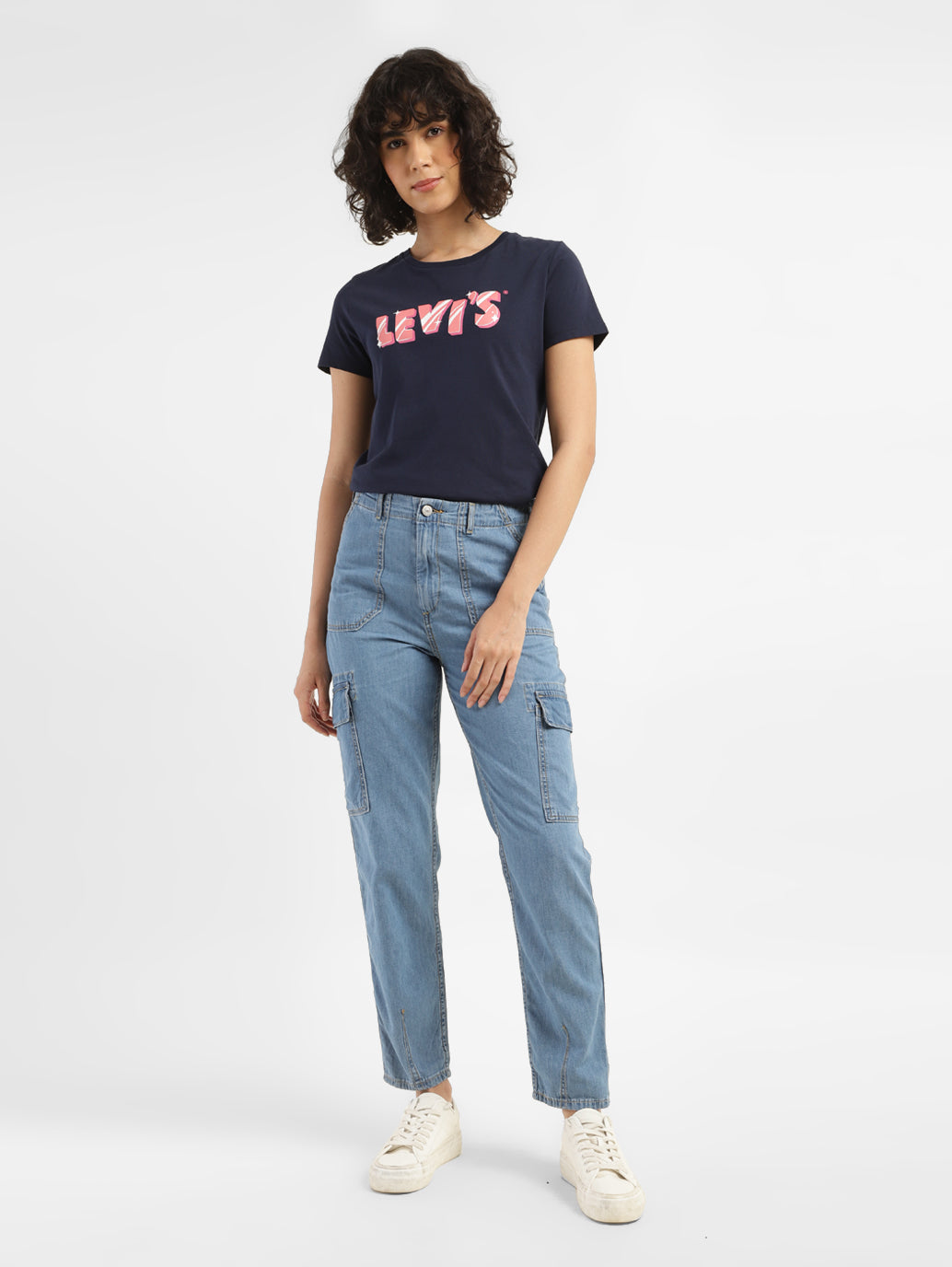 Women's Mid Rise Blue Cargo Jeans
