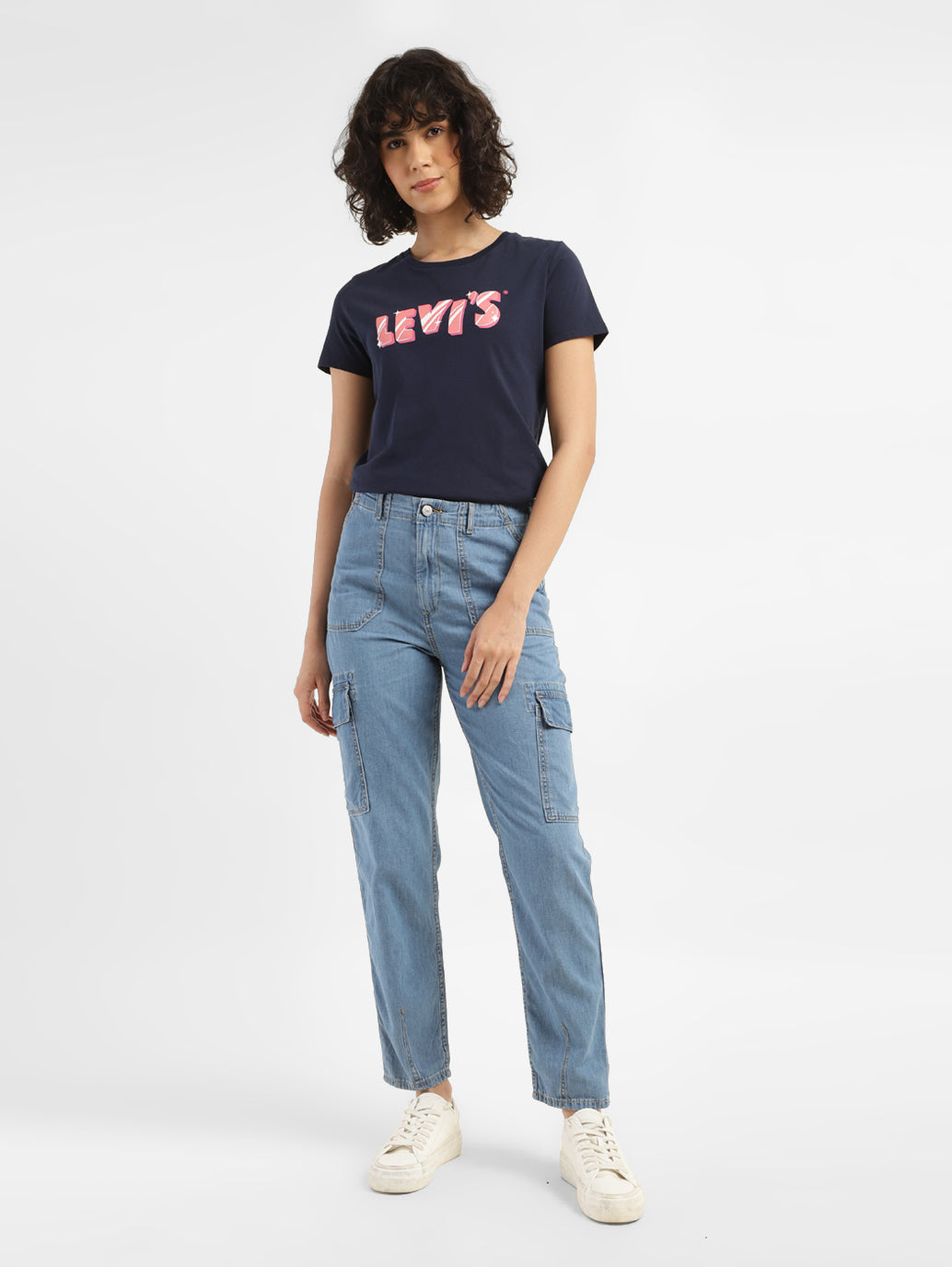 Women's Mid Rise Blue Cargo Jeans