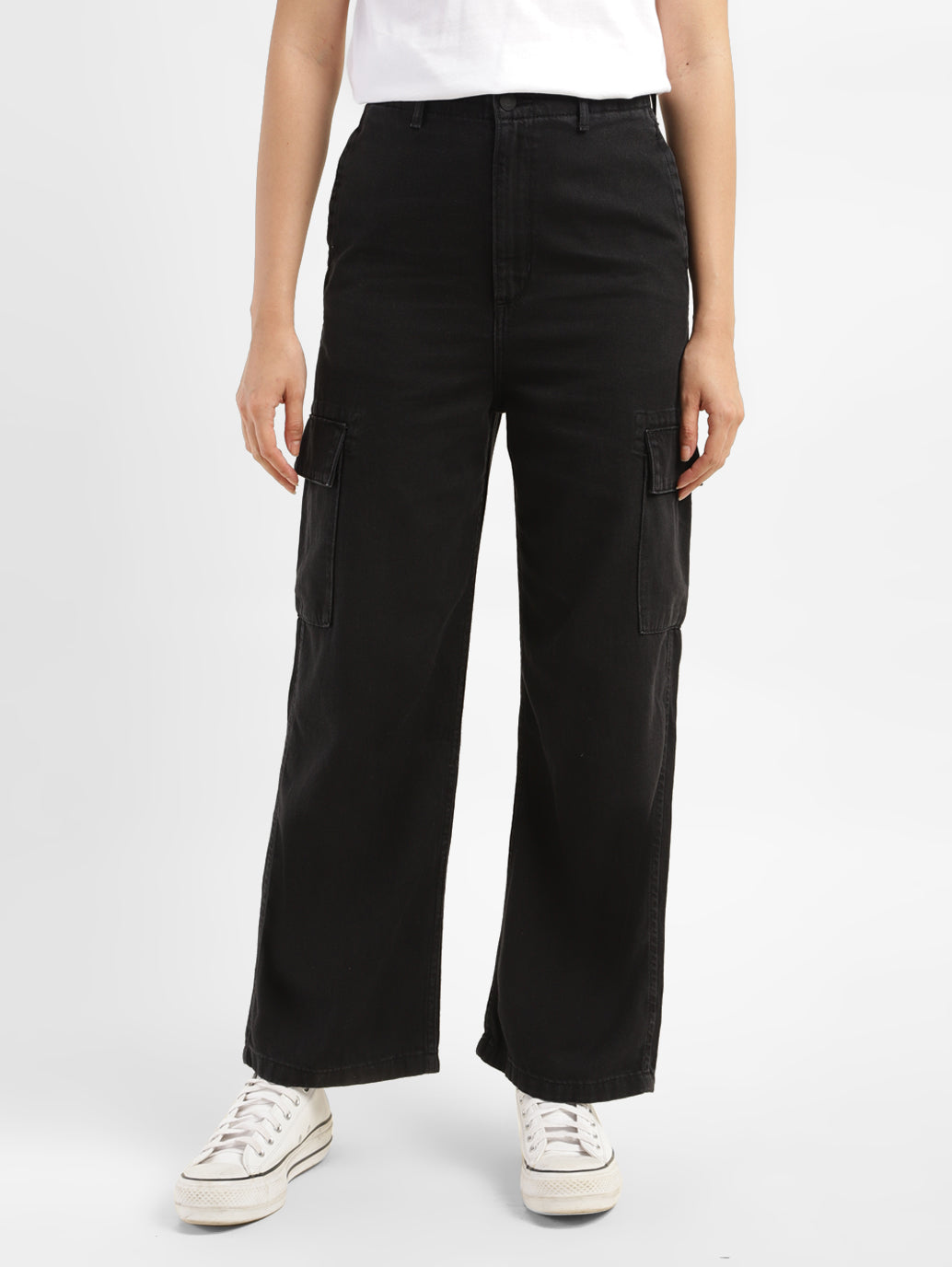 Women's High Rise Black Loose Fit Cargo Jeans