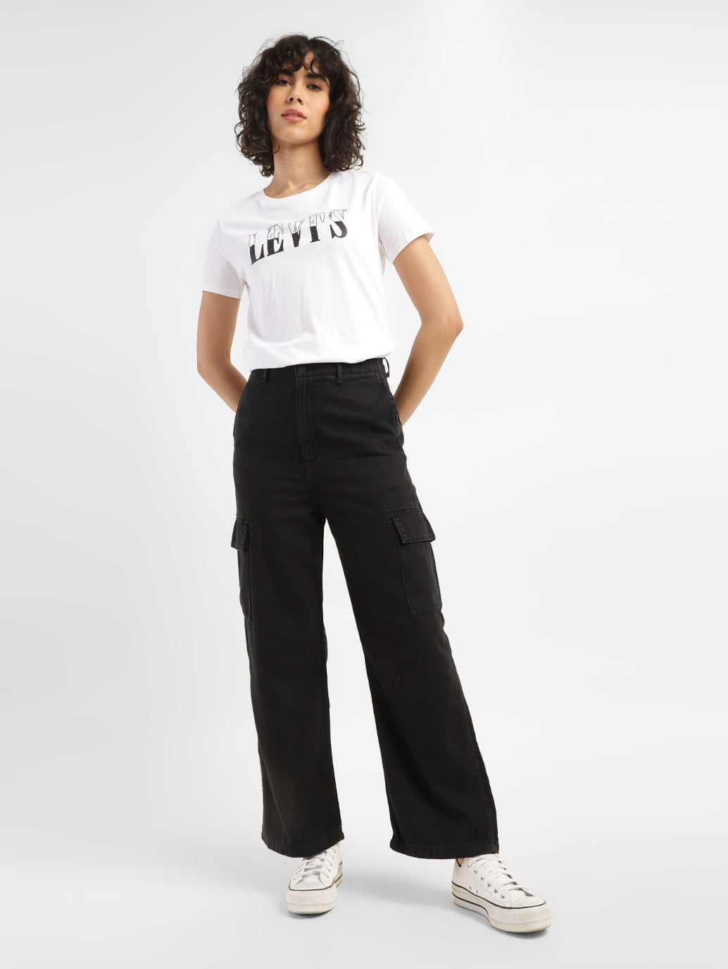 Women's High Rise Black Loose Fit Cargo Jeans