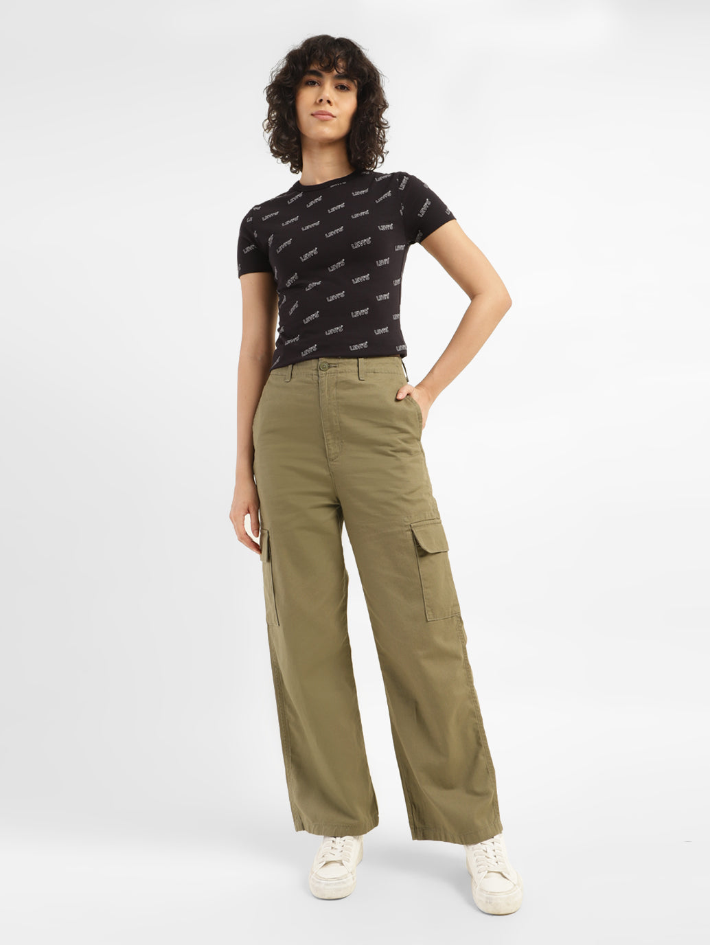 Women's High Rise Olive Loose Fit Cargo