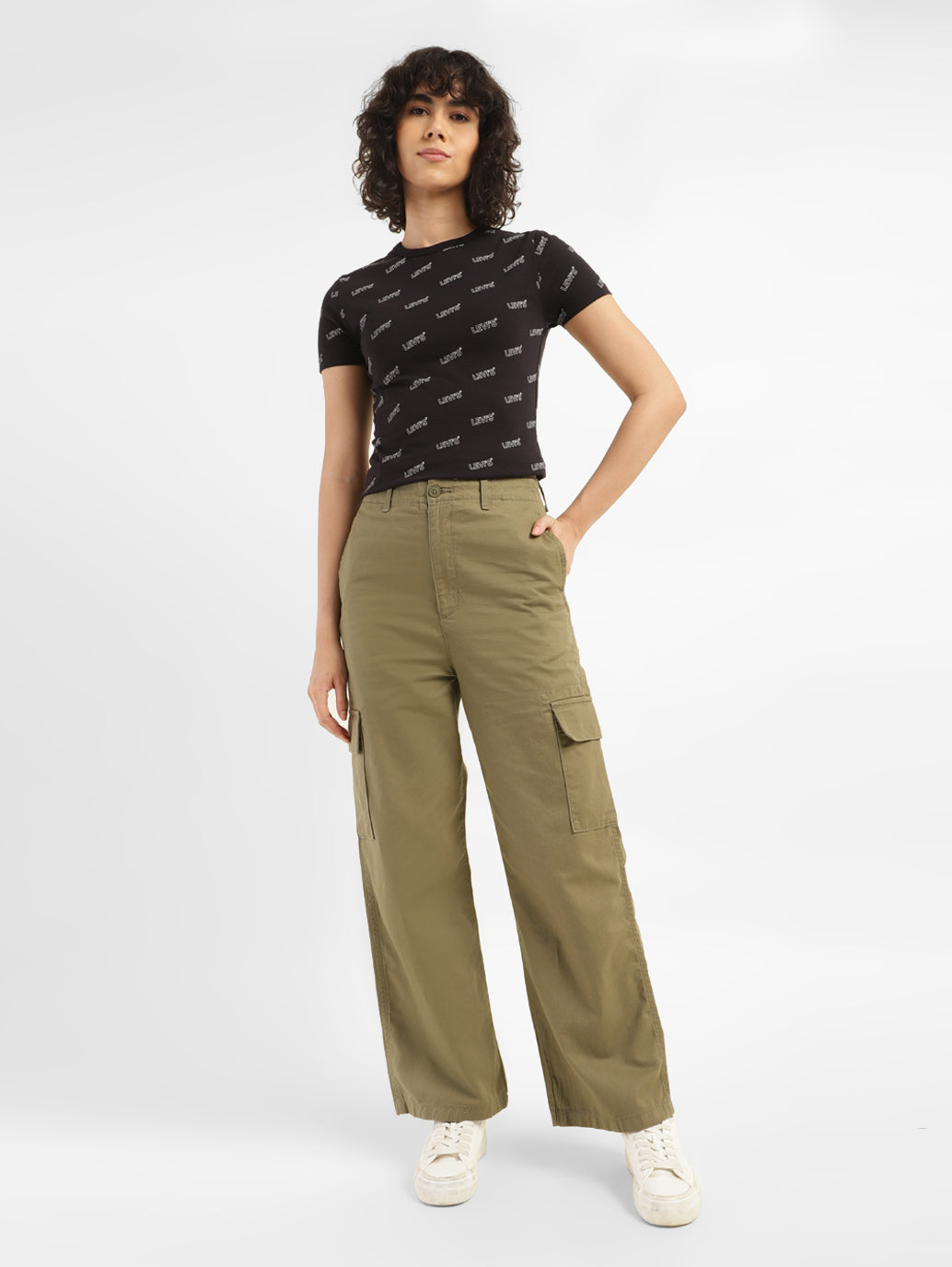 Women's High Rise Olive Loose Fit Cargo