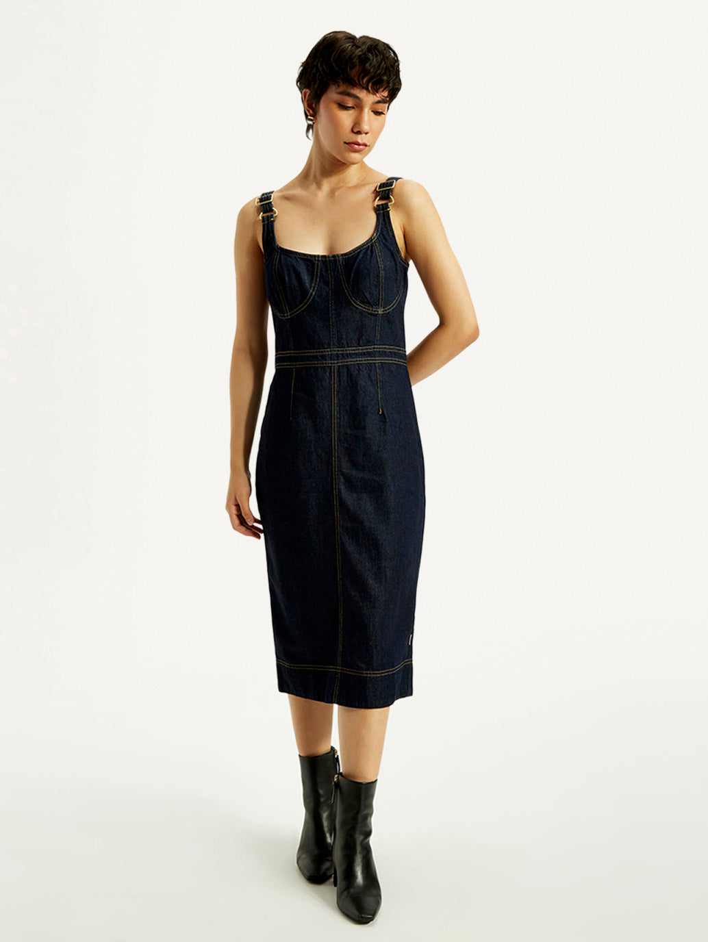 Women's Solid Indigo Scoop Neck Dress - Front View