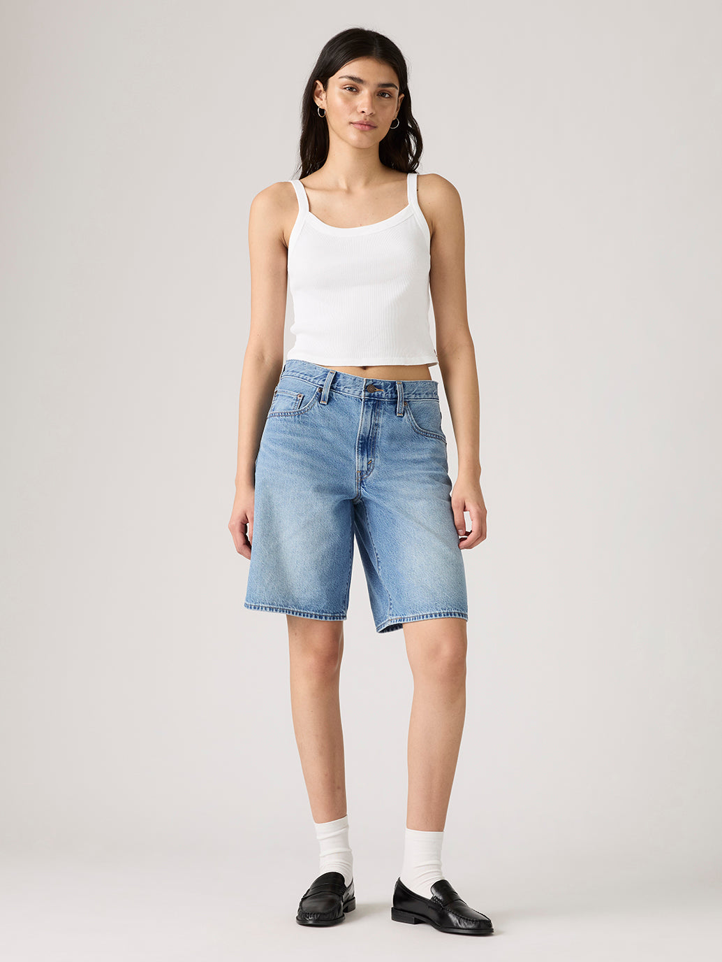 Women's Med Indigo Baggy Fit Mid Rise Shorts - Front View