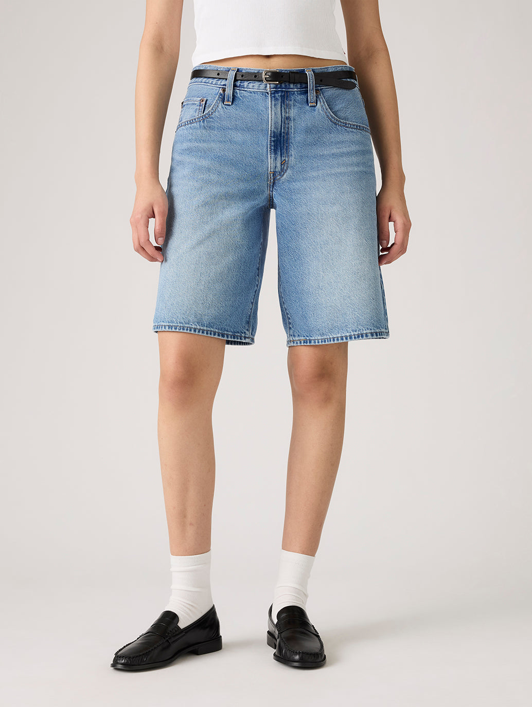 Women's Med Indigo Baggy Fit Mid Rise Shorts - Front View